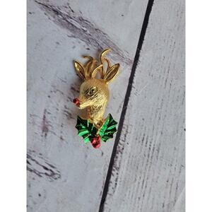 VTG Gold Tone Christmas Deer Green Red Enamel Crystal Brooch Pin